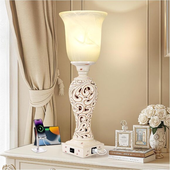 Vintage Desk Lamp with Glass Shade, 3-Way Dimmable with 2 USB Charging Ports 20" - Picture 1 of 6